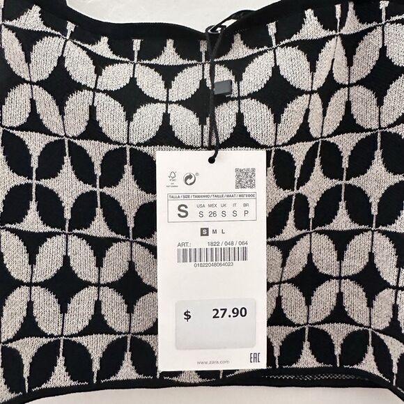 Zara Geometric Knit Top Black White Size S Small Asymmetrical Straps Crop Summer - Picture 4 of 7